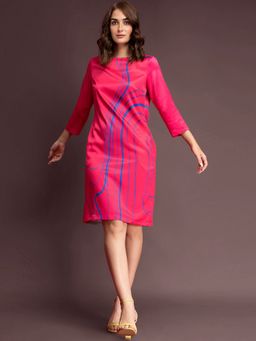 FableStreet - Satin Placement Print Shift Dress - Pink and Blue
