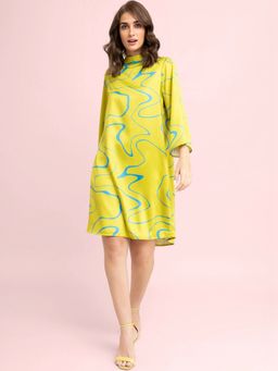 FableStreet - Satin Abstract Print A-line Dress - Acid Green and Blue