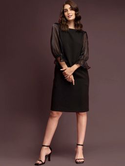 FableStreet - Ruffle Sleeve Shift Dress- Black