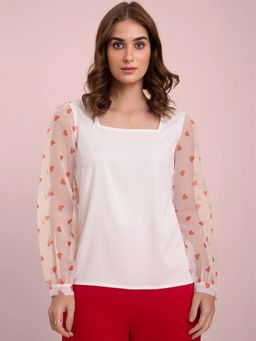 FableStreet - Organza Square Neck Top - White And Red