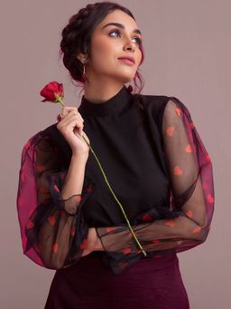 FABLE STREET - Organza Heart Print Top - Black And Red