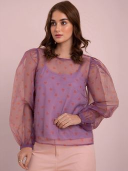 FableStreet - Organza Heart Print Top - Purple And Red