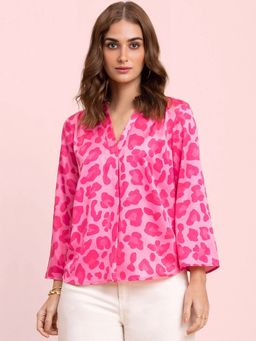 FableStreet - Satin Animal Print Top - Fuchsia And Pink
