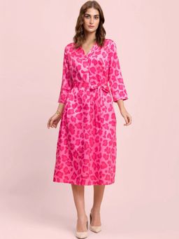 FABLE STREET - Satin Animal Print A-line Dress - Fuchsia And Pink (Set of 2)