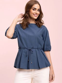 FABLE STREET - Cotton Boat Neck Peplum Top - Blue (Set of 2)