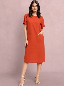 FableStreet - Linen Round Neck Shift Dress - Burnt Orange