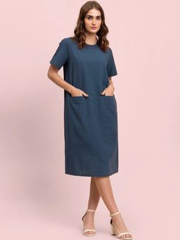 FableStreet - Linen Round Neck Shift Dress - Burnt Blue