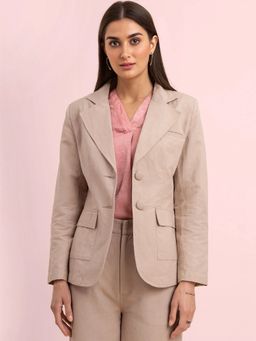 FABLE STREET - Linen Notch Lapel Collar Blazer - Beige
