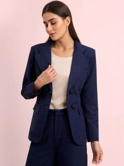 FABLE STREET - Linen Notch Lapel Collar Blazer - Navy Blue