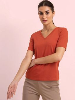FableStreet - Cotton Lycra V-Neck Livin Tee - Rust