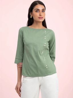 FableStreet - Linen Boat Neck Top Sap Green