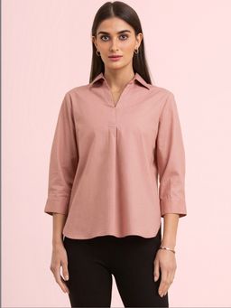 FABLE STREET - Linen Collared Neck Pleated Top Dusty Pink