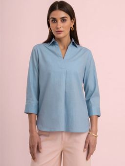 FABLE STREET - Linen Collared Neck Pleated Top Light Blue