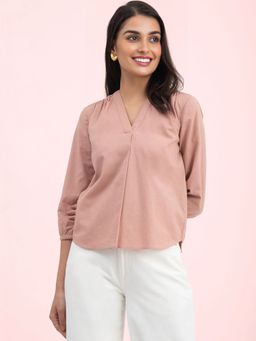 FABLE STREET - Linen V-Neck Pleated Top Dusty Pink