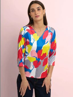 FableStreet - Satin Abstract Print Top - Multicolour