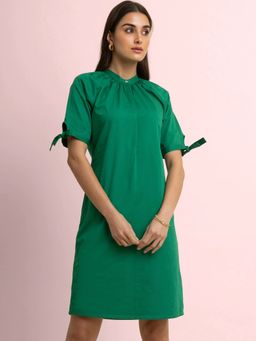 FableStreet - Cotton Tie-up Sleeves Dress Green