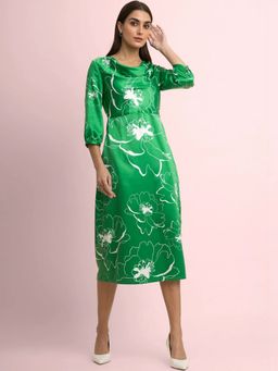 FableStreet - Satin Cowl Neck Dress Green And White