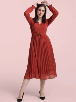 FableStreet - V Neck Pleated Fit And Flare Dress - Rust