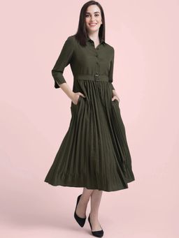 FableStreet - Collared Pleated Fit And Flare Dress - Olive