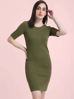 FableStreet - Stretchable Round Neck Shift Dress - Olive