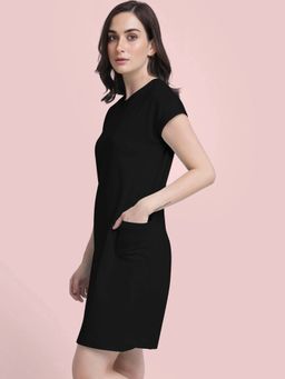 FABLE STREET - Cotton Round Neck Drop Shoulder Dress - Black