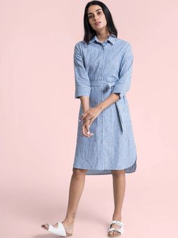 FABLE STREET - Cotton Pleated Shirt Dress - Blue Stripes (Set Of 2)