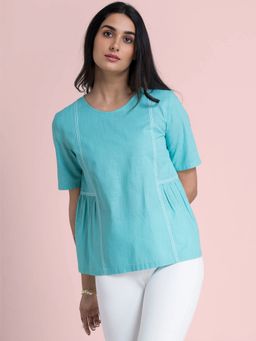 FABLE STREET - Cotton Round Neck Gather Top - Aqua