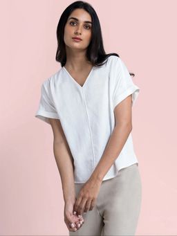 FABLE STREET - Cotton Drop Shoulder V Neck Top - White