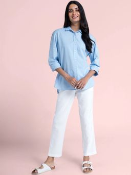 FABLE STREET - Cotton Collared Oversized Shirt - Blue