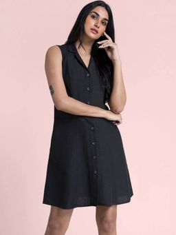 FableStreet - Cotton Buttoned Down A Line Dress - Black