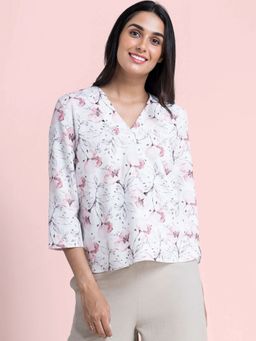 FABLE STREET - Cotton V Neck Floral Print Top - White And Pink