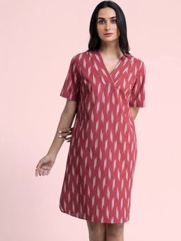 FableStreet - Cotton Ikkat V Neck Shift Dress Red