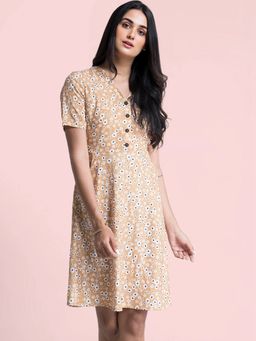 FableStreet - Floral A Line Dress Mustard And White