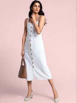 FableStreet - Buttondown Strap Midi Dress White