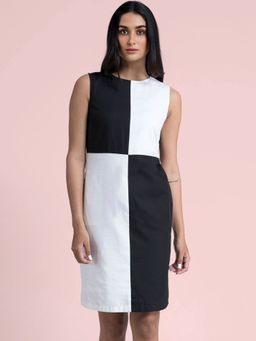 FableStreet - Cotton Shift Dress Black And White
