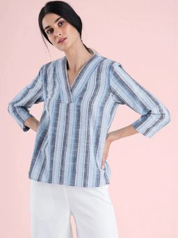 FABLE STREET - Cotton V Neck Striped Top - Blue and Grey