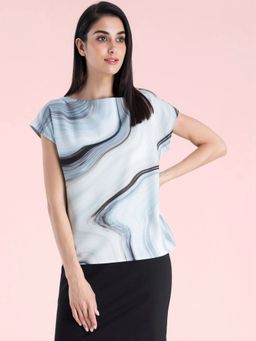 FableStreet - Marble Print Drop Shoulder Top - Light Blue