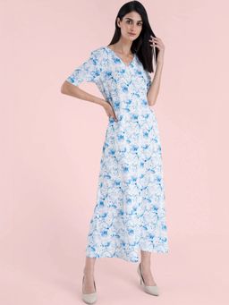FABLE STREET - Cotton Floral A-line Dress - Blue and White