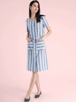 FABLE STREET - Cotton Striped Shirt Dress - Blue and Grey