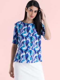 FABLE STREET - Round Neck Abstract Print Top - Blue
