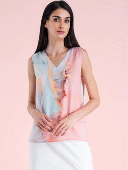 FableStreet - V Neck Marble Print Top - Multi-Color