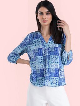 FableStreet - V Neck Abstract Print Top - Blue