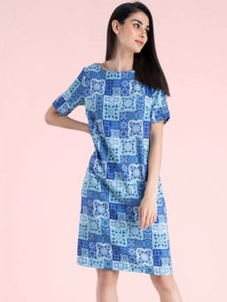 FableStreet - Abstract Print Shift Dress - Blue