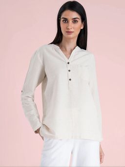 FABLE STREET - Cotton Mandarin Collar Button Detail Top - Beige