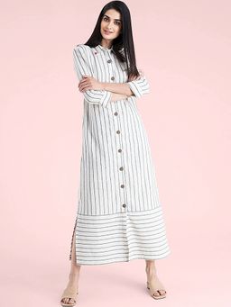 FABLE STREET - Cotton Striped Shirt Dress - Off White and Black