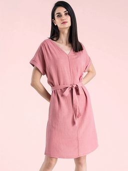 FABLE STREET - Cotton Drop Shoulder Tie-Up Dress - Pink