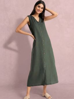 FableStreet - Cotton Button Down A-Line Dress - Olive