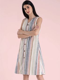 FableStreet - Cotton Button Down Striped Dress - Multicoloured