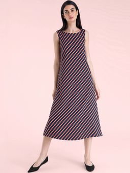 FABLE STREET - Boat Neck A-Line Stripe Dress - Navy and Coral