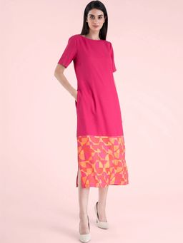 FableStreet - Boat Neck Color Block Shift Dress - Fuchsia